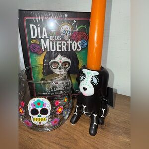 Lot Day of the Dead, NIB Card Game, NWTs Dog skeleton candle holder & Wine glass